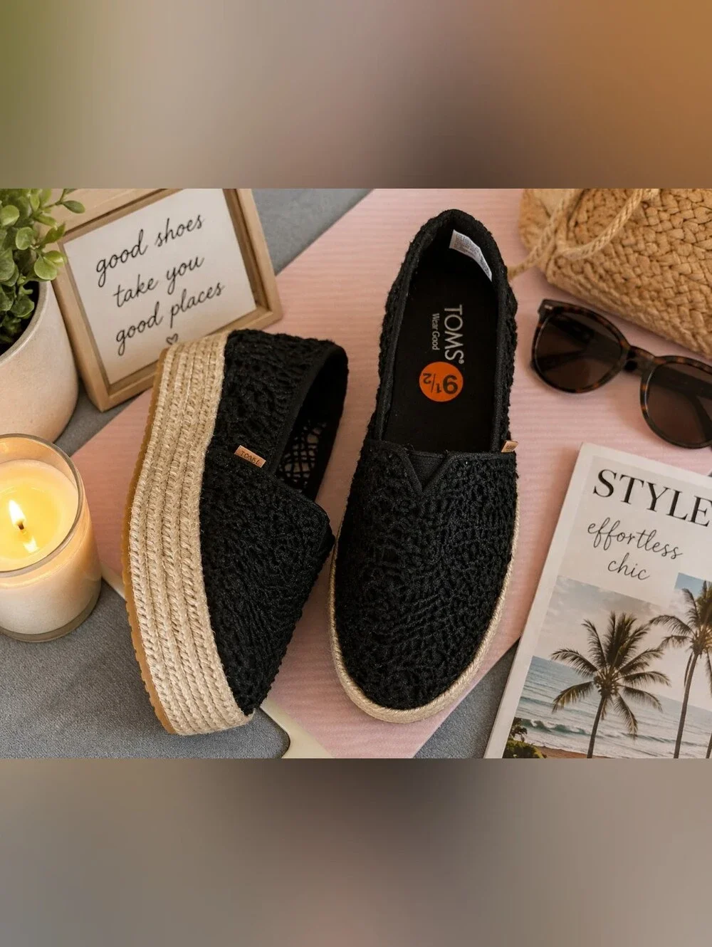 TOMS Black Floral Crochet Platform Espadrille Slip-Ons Women’s 9.5 NWOT